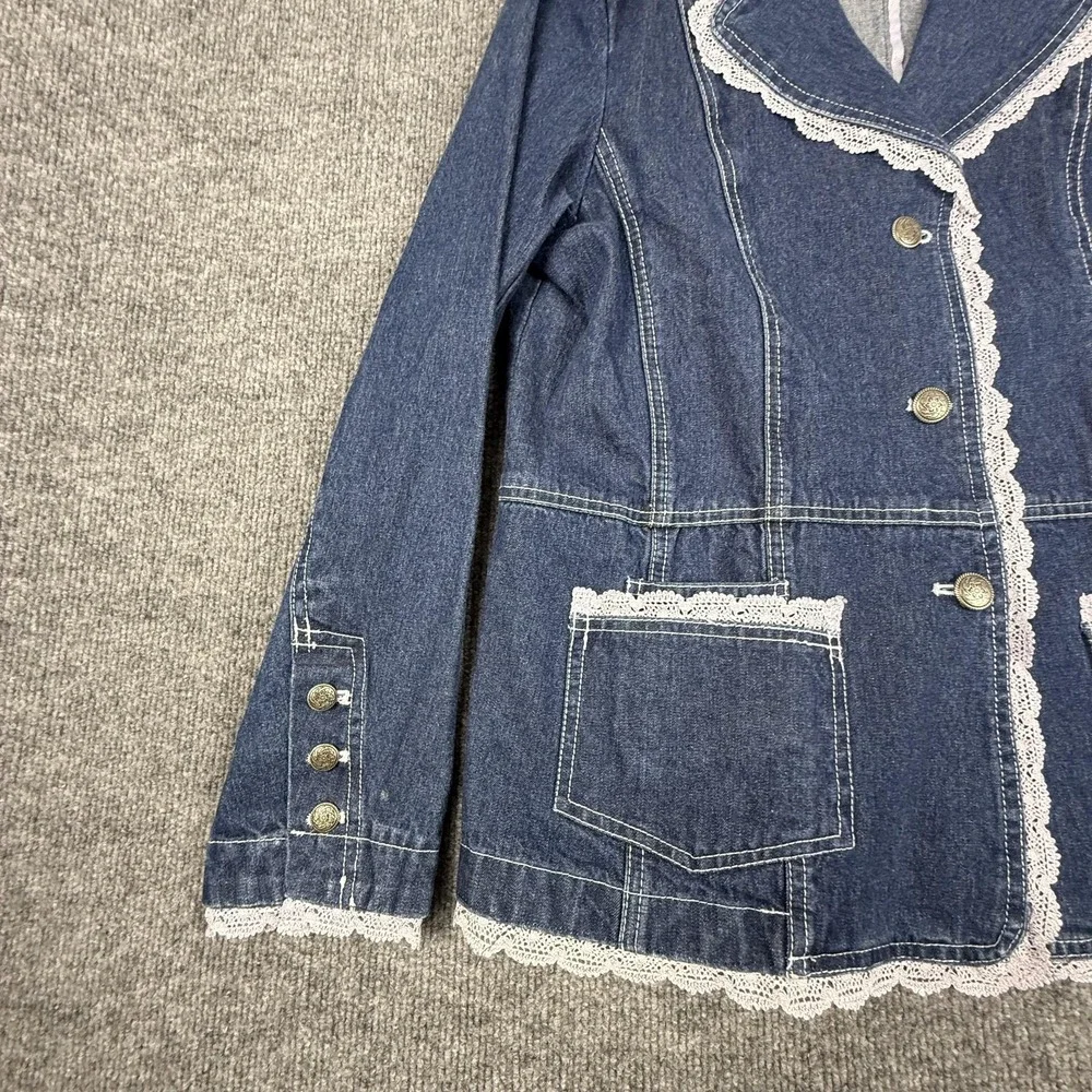 Denim & Co. Blazer Jacket Womens Medium Blue Denim Lace Trim Button Front Boho - Picture 2 of 15